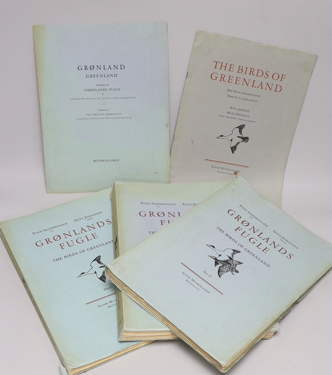 Salomonsen, Finn - Gronlands Fugle: the Birds of Greenland. 3 Parts, 52 coloured plates, folded and a coloured map in separate folder, 8pp. Prospectus (with 2 coloured plates) also present; original printed pictorial wra
